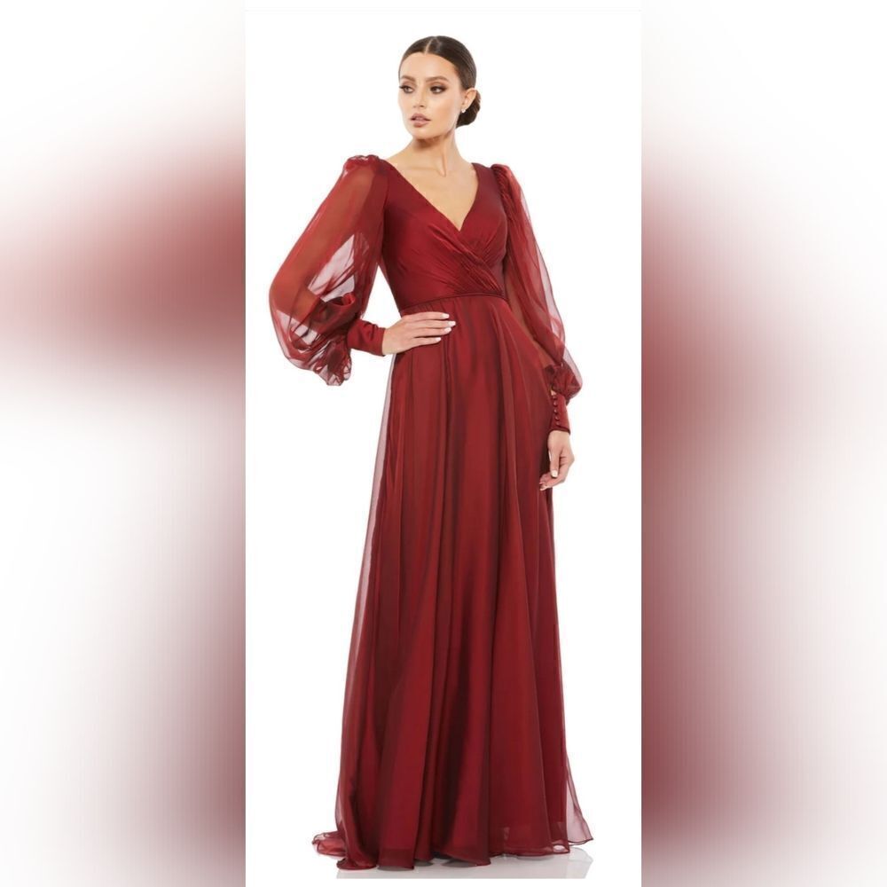 Mac Duggal SHEER BLOUSON SLEEVE GOWN NWT size 4 Garnet Red (67873)